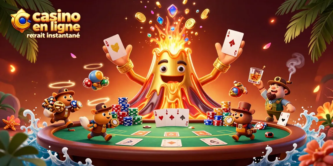 Visualisation d'un volcan doré représentant le casino en ligne retrait instantané, avec trésors et jetons éparpillés.