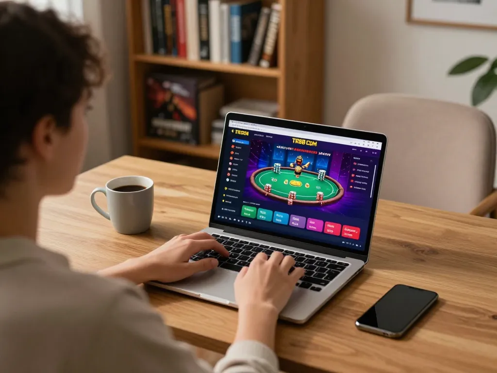 Playing online baccarat at TR88 com in a cozy home setup with vibrant game interface displayed