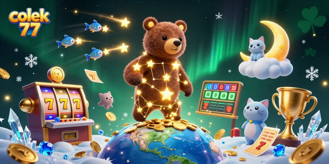 Experience fun and excitement with colek 77 as a constellation bear scoops coins in a vibrant casino.