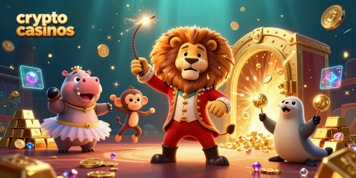 Élisez des crypto casinos avec une illustration dynamique d'un lion directeur de cirque et des pièces de Bitcoin.