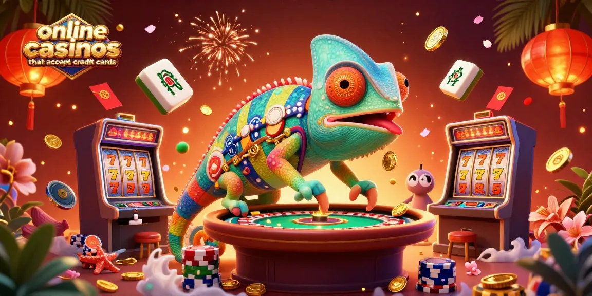 Explore vibrant online casinos that accept credit cards with a dynamic gaming scene featuring a colorful chameleon.