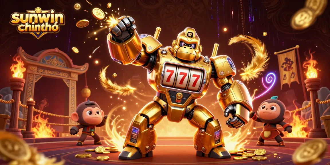 Engage with sunwin chính chủ as a golden gorilla mech explores a vibrant casino universe filled with coins and energy.