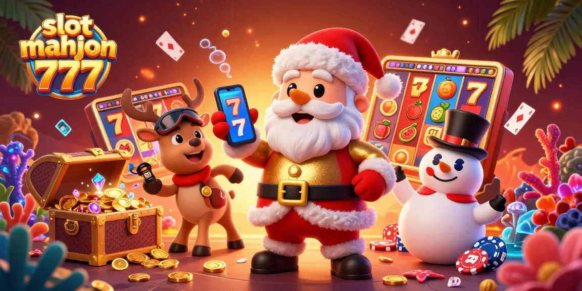 Engage with slot mahjong 777, featuring a festive Santa and friends celebrating jackpots in a dynamic casino scene.