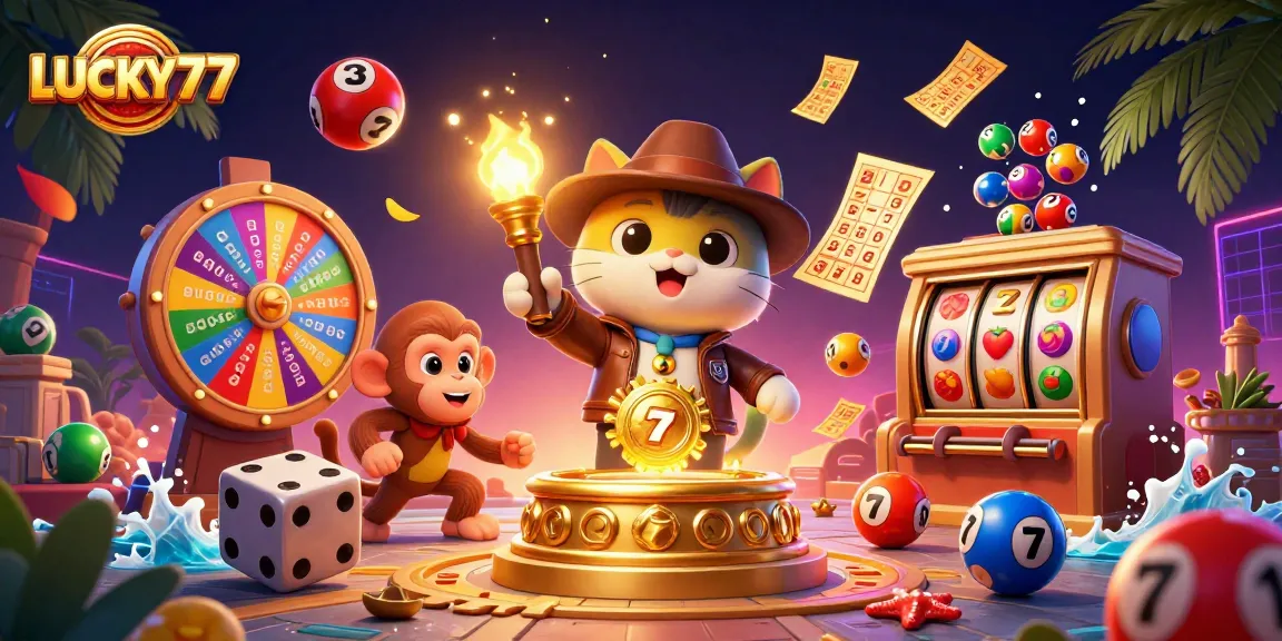 Spin the reels with LUCKY77 in a vibrant 3D casino adventure featuring colorful lottery balls and jackpots.