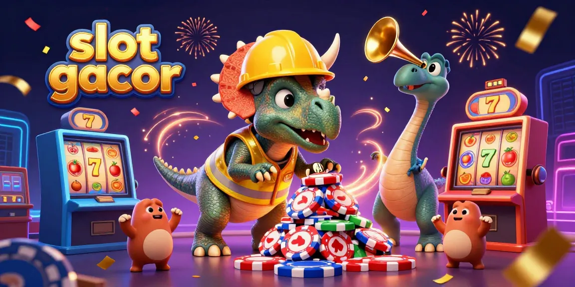 Celebrate winning strategies in slot gacor with triceratops and vibrant casino elements.