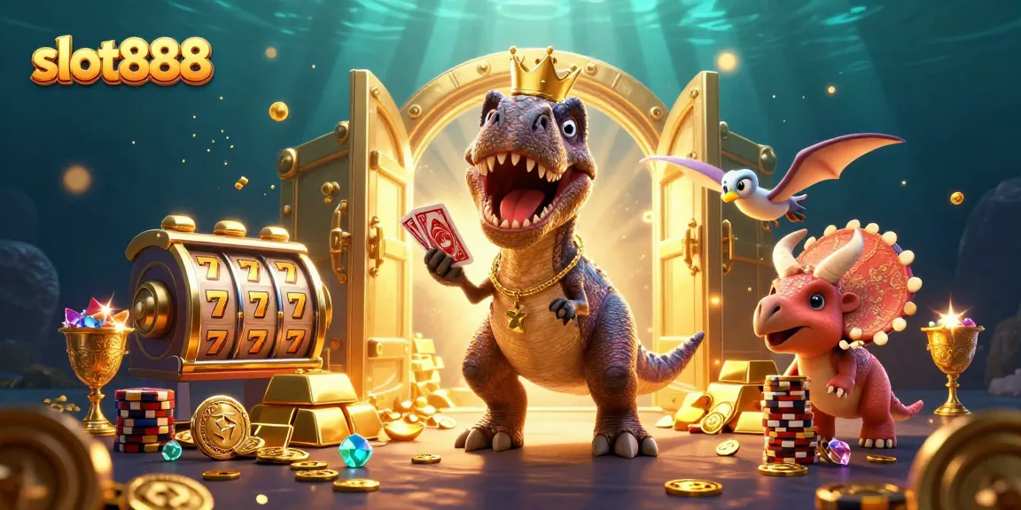 Bermain slot888 dengan T-Rex dan teman-teman kartun sambil mengumpulkan chip emas dan harta karun dalam suasana ceria.