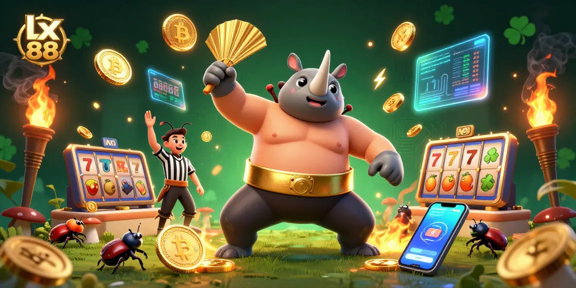 Experience the excitement of lx 88 with a cartoon beetle champion and crypto coins in a vibrant casino scene.