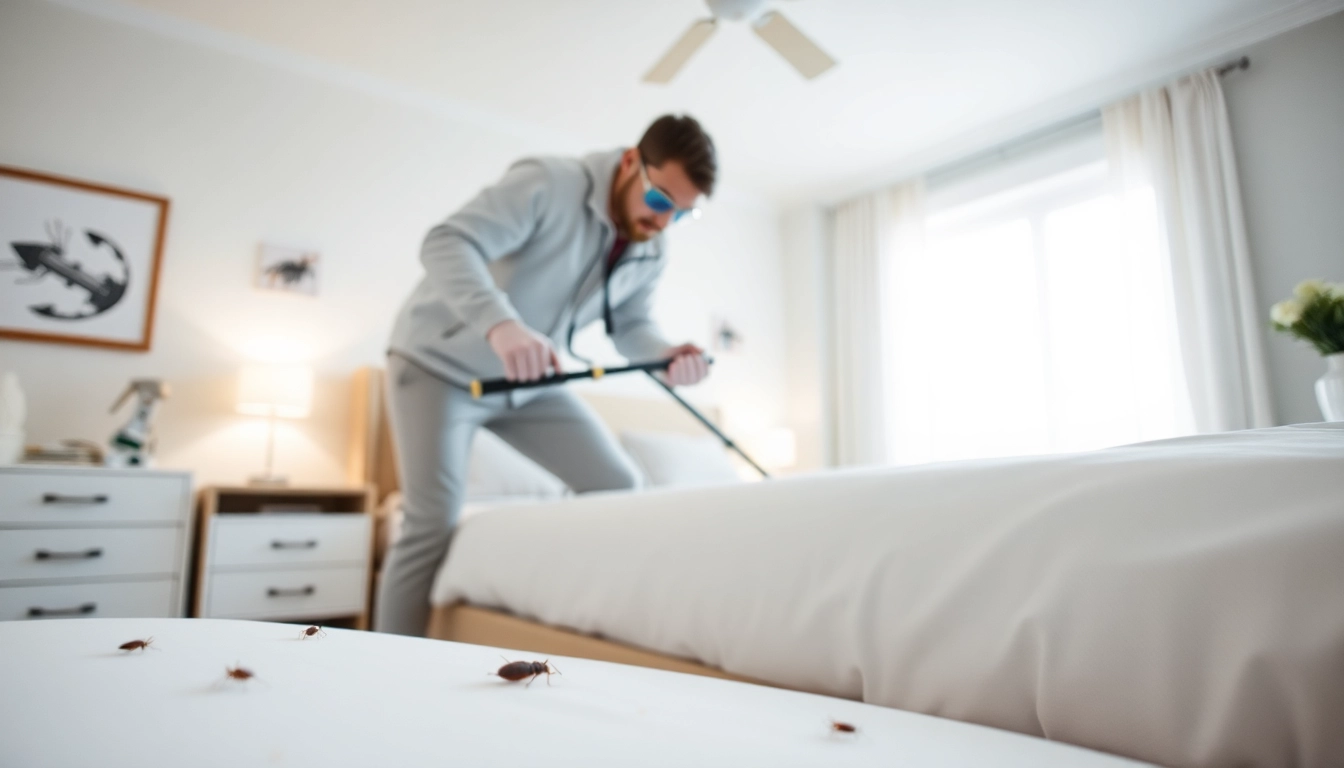 Exterminator implementing bed bug extermination services in a bright, modern bedroom for effective pest control.