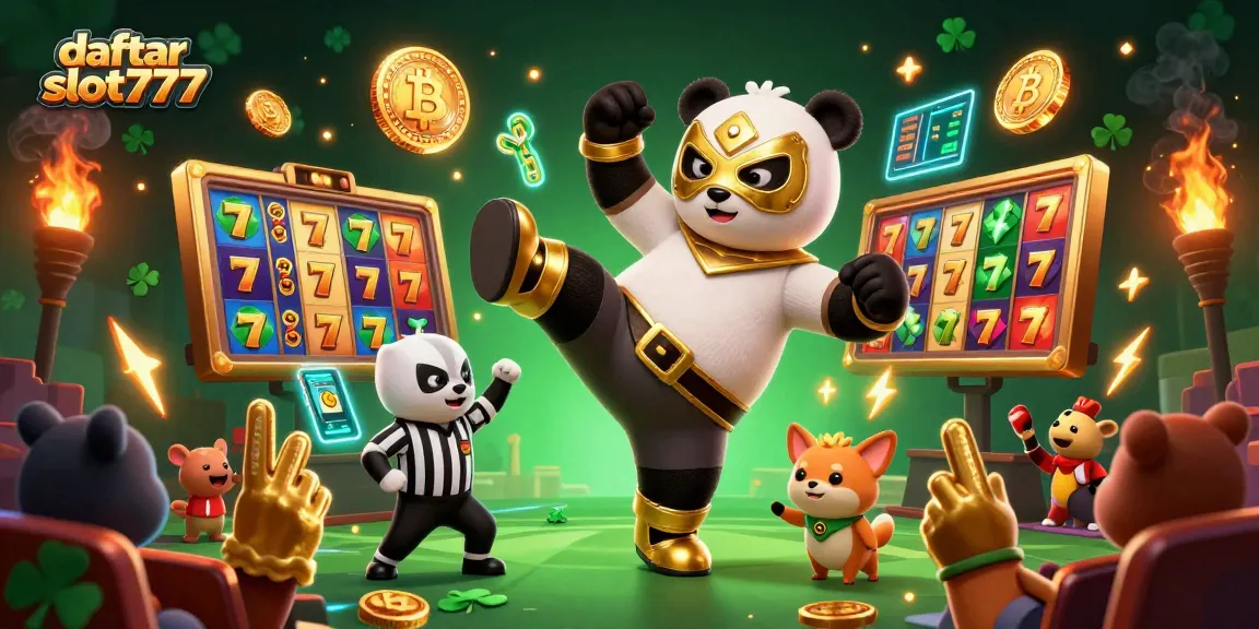 Menghadirkan daftar slot777 yang menarik dengan panda petinju 3D melakukan tendangan, dikelilingi simbol jackpot dan koin cryptocurrency.