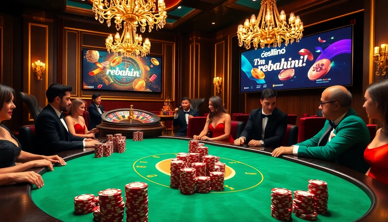 Experience the excitement of rebahin film as players strategize at a luxurious poker table in a vibrant casino.