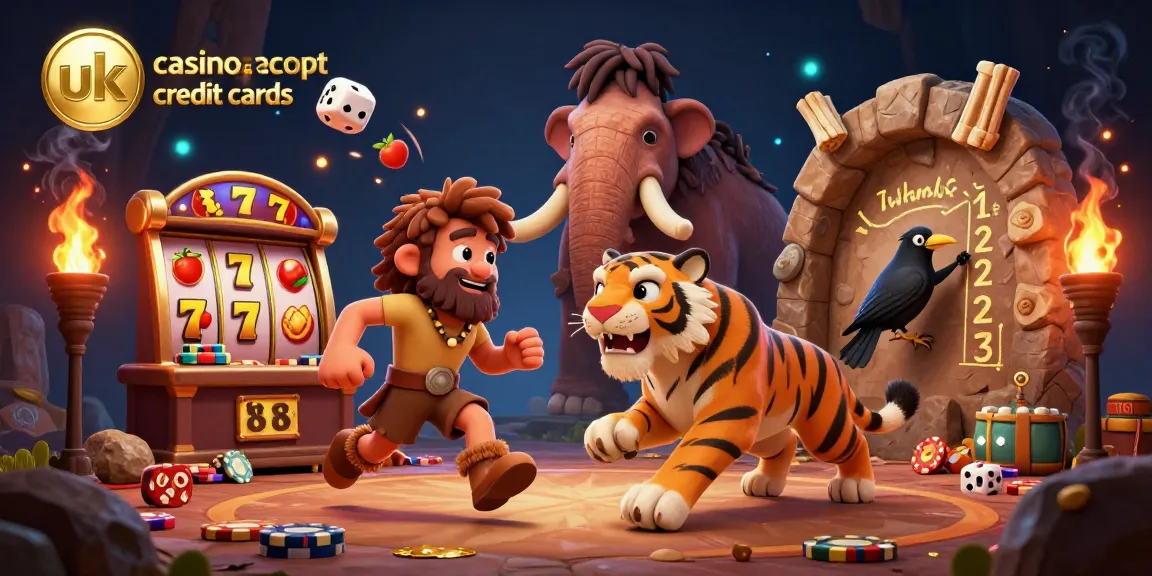 This vibrant scene showcases uk casinos that accept credit cards with lively caveman characters, engaging slots, and energetic gaming elements.