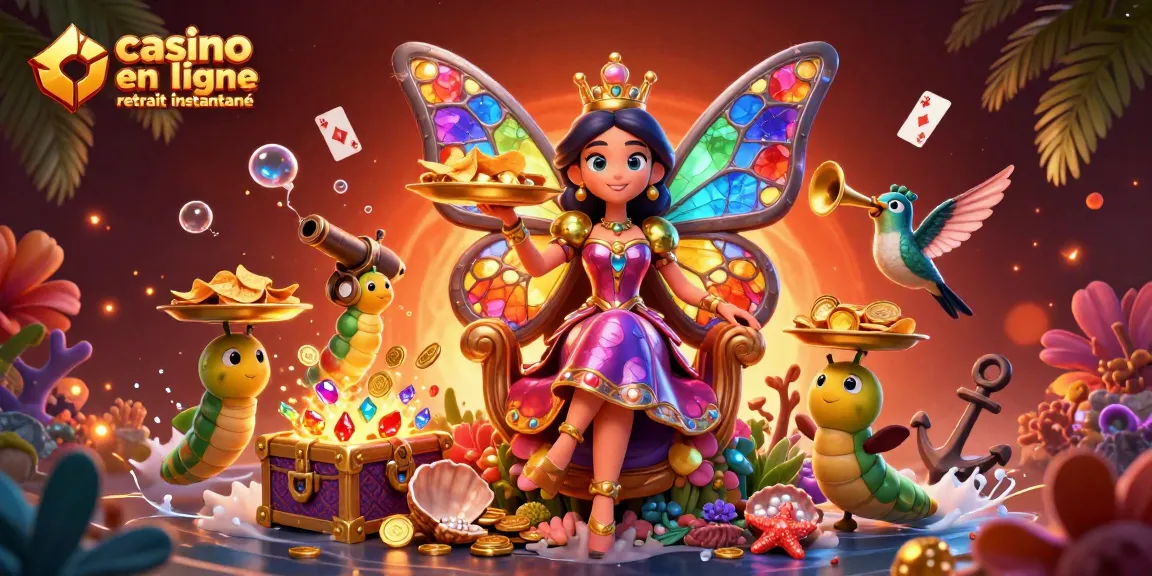 Profitez du casino en ligne retrait instantané avec des éléments de jeu entourant une reine papillon magique.