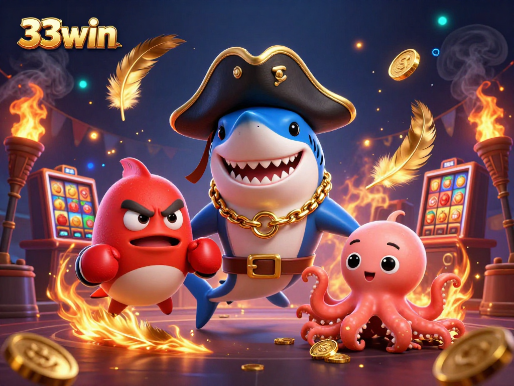 33win casino adventure featuring a pirate shark, pufferfish, and octopus amidst vibrant gambling elements.