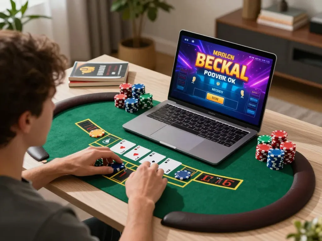 Engaging in a game of cm88-yu blackjack on laptop, vibrant gaming atmosphere.