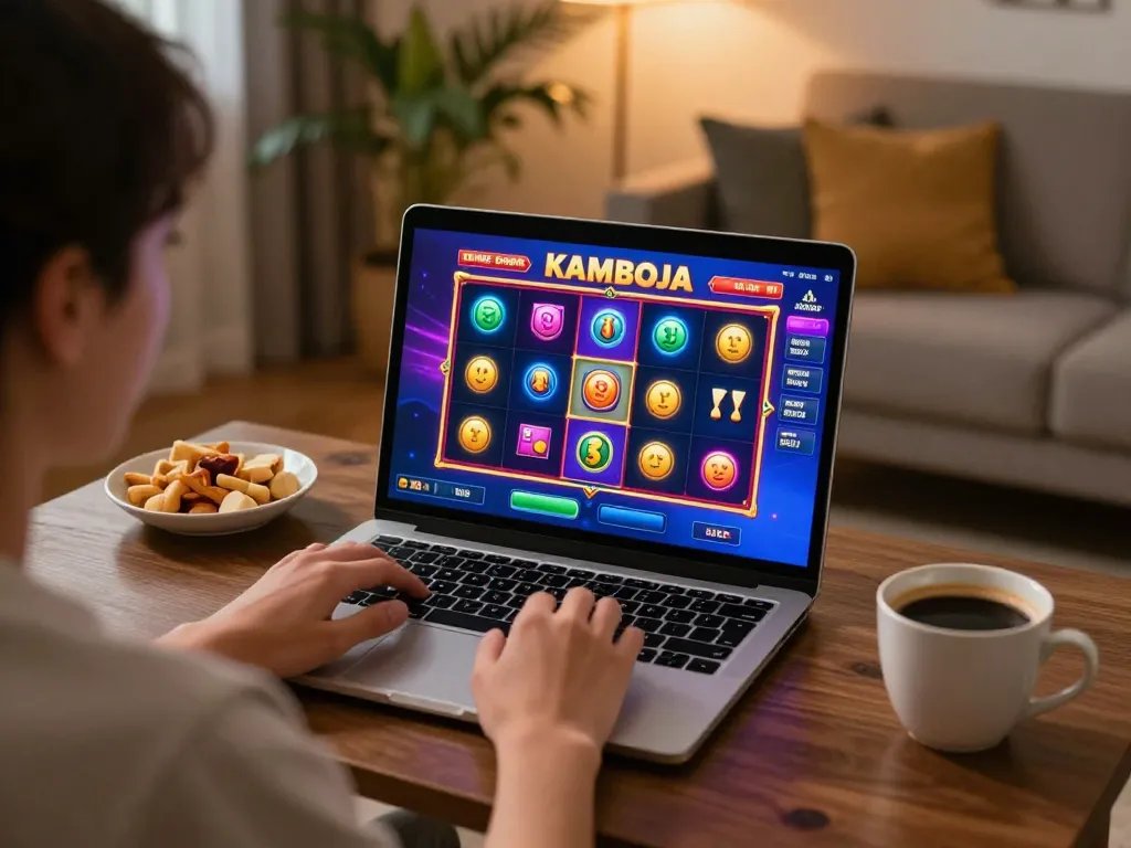 Engage in slot server kamboja gameplay on laptop at home, showcasing colorful slots and cozy atmosphere.