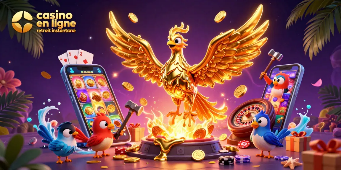 Découvrez le casino en ligne retrait instantané avec un phénix d'or et des jeux dynamiques en arrière-plan.