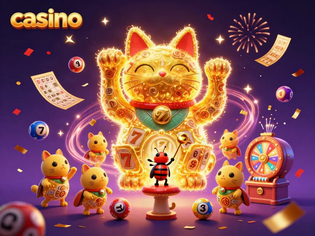 Casino-themed illustration featuring golden fireflies as a lucky cat, with dynamic game elements.