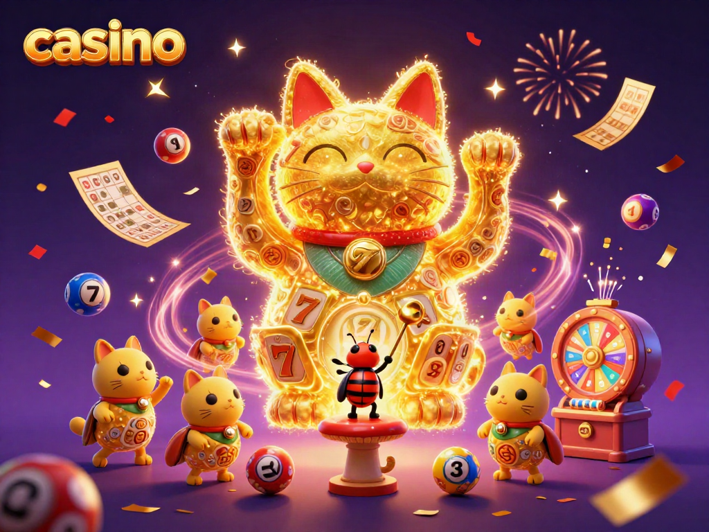 Casino-themed illustration featuring golden fireflies as a lucky cat, with dynamic game elements.