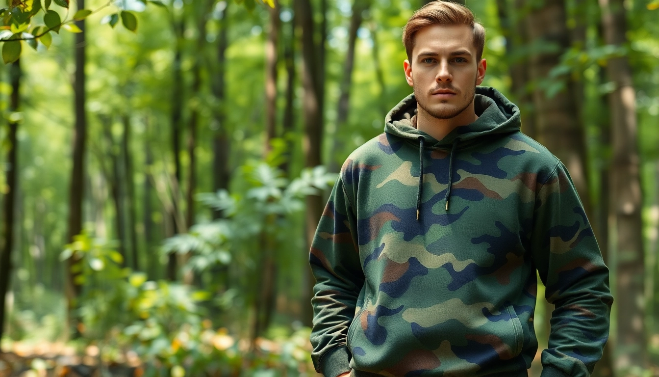 Laat een mannelijke model zien met goedkope camouflage print kleding in een bosomgeving.