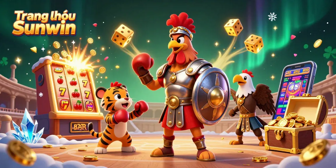 Engage with Trang chủ Sunwin's gaming thrill, highlighted by a 3D rooster and slot machine scene.