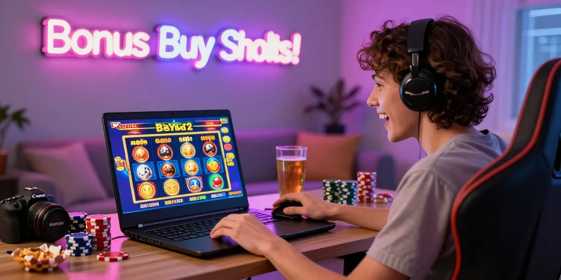 Engaging scene of a player at bonus buy casinos UK enjoying slot games with vibrant graphics and casino decor.