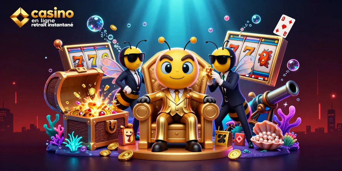 Visuel captivant du casino en ligne retrait instantané présentant un boss abeille en costume entouré de gardes, symbole d'opulence et d'excitation.