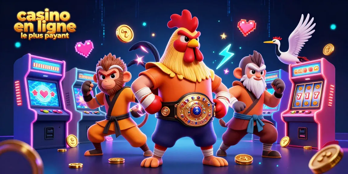 Illustration dynamique du casino en ligne le plus payant avec un coq thaï et un singe Shaolin donnant vie à des machines à sous colorées et des éléments de jeu.