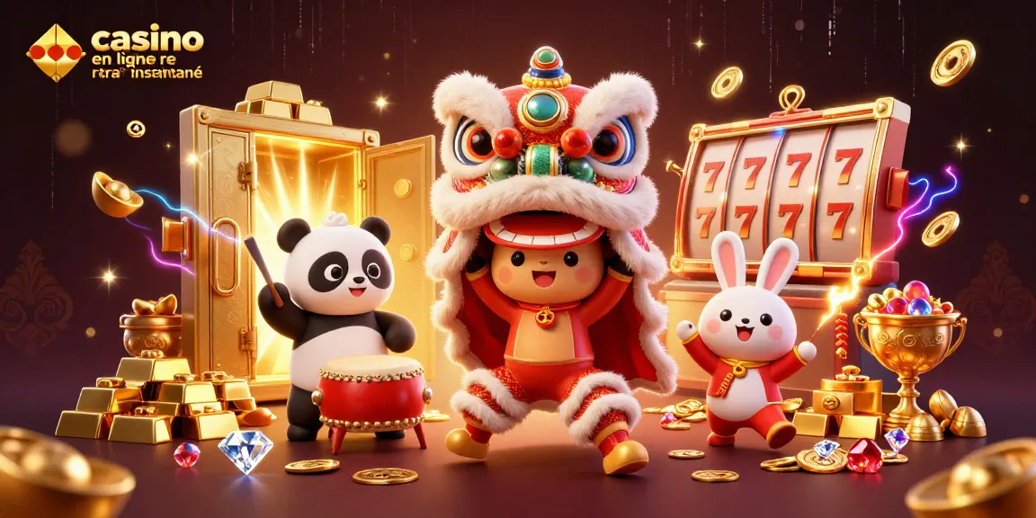 Jouez à casino en ligne retrait instantané avec nos personnages animés dans une scène festive remplie de trésors.