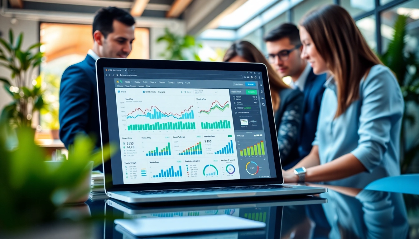 Analyze performance indicators on an smm reseller panel screen in a modern office setting.