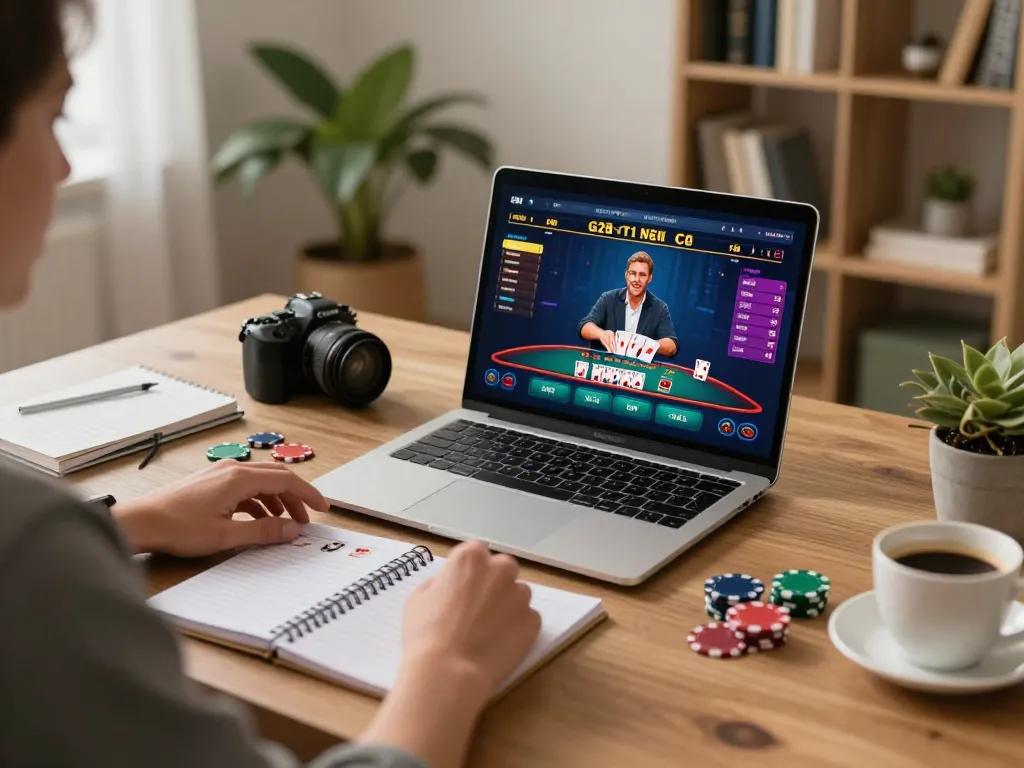 Engaging in live dealer blackjack on g28-t1 with strategic notes in a cozy home office