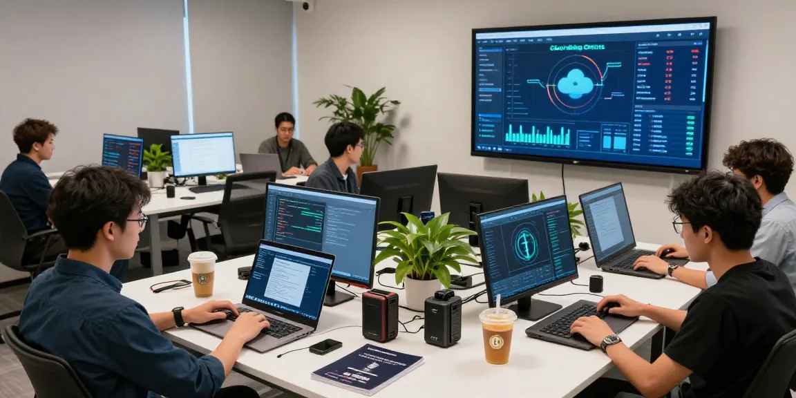 Safe cloud mining service workspace with professionals analyzing blockchain mining metrics and security features.