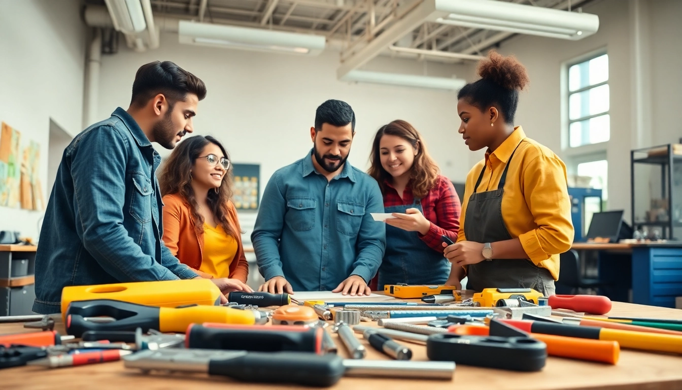 Students collaborating at Trade School Tennessee with tools and modern classroom setting.