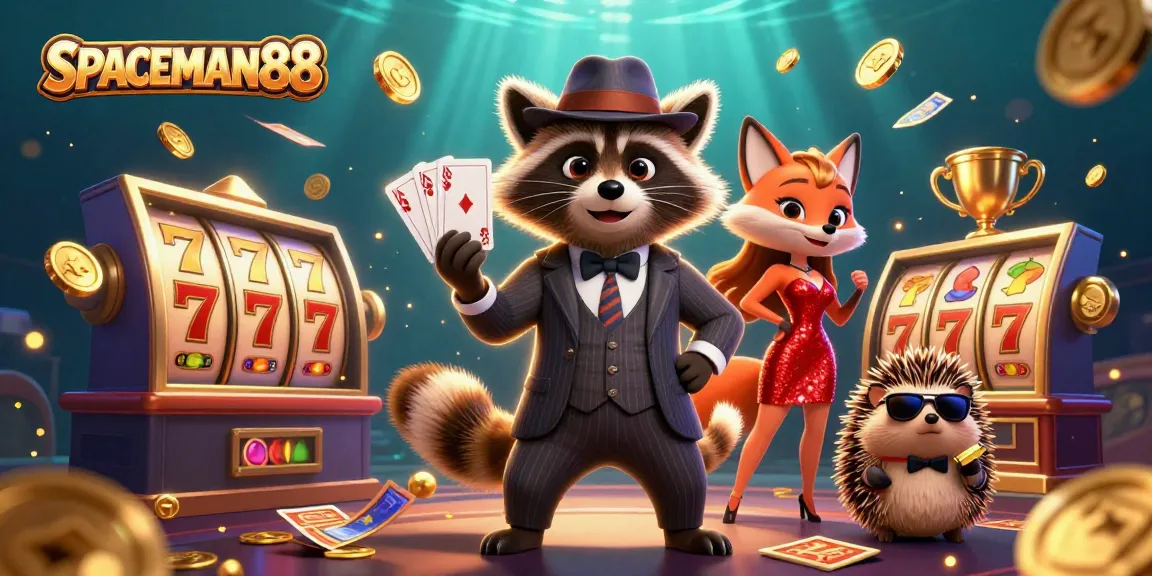 Experience winning excitement with SPACEMAN88 as a raccoon shows a royal flush amidst thrilling slot game elements.