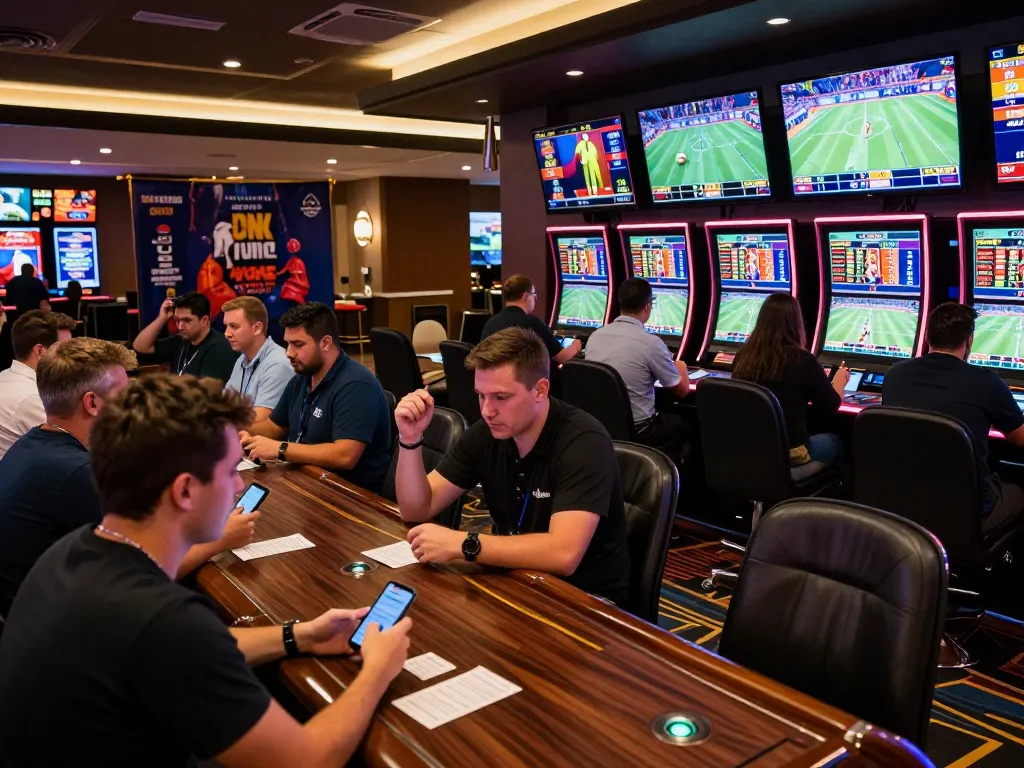 Engaged bettors placing sh bet in an upscale casino sports betting area with vibrant screens