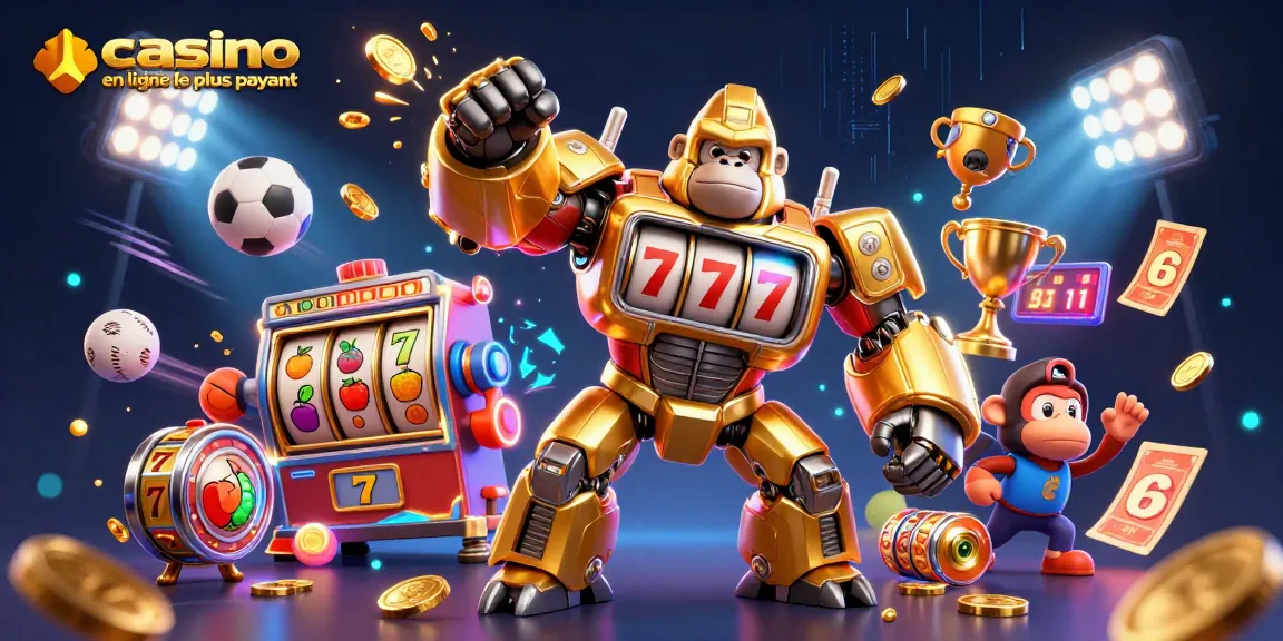 Illustration captivante de casino en ligne le plus payant présentant un gorille mech vainqueur entouré d'éléments de jeu.