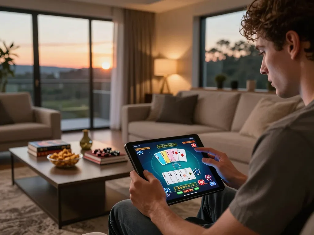 Player enjoying online blackjack on a tablet showcasing nk88e strategy and engagement in a cozy home.