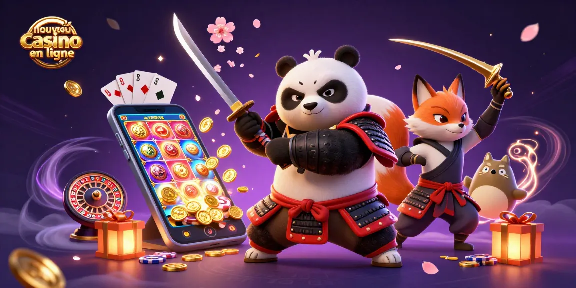 Image dynamique d'un nouveau casino en ligne illustrant un panda samouraï et un renard ninja avec des éléments de jeux de hasard.