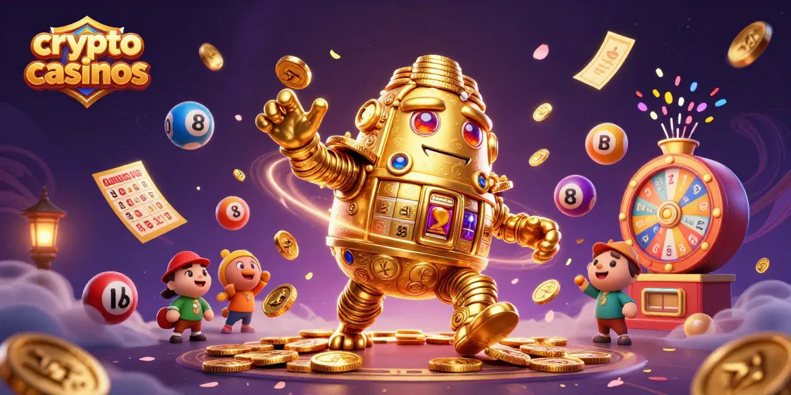 Jouer sur crypto casinos avec un golem d'or et des éléments de bingo dynamiques dans un festival lumineux.