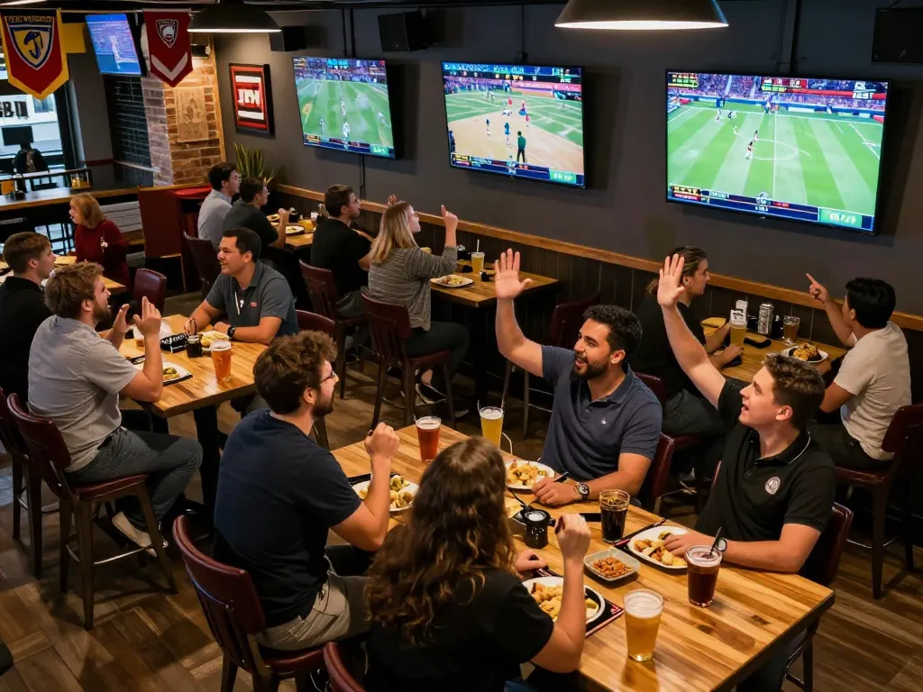 Engaged sports bettors celebrating a win at cm88-t1 in a lively sports bar atmosphere.