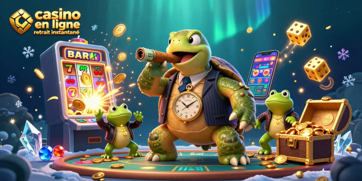 casino en ligne retrait instantané : un monde de jeux avec une tortue en costume et des grenouilles en protecteurs dans un casino
