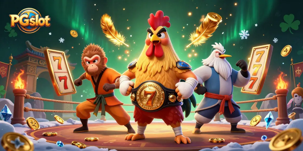 Play the exciting PG slot with dynamic illustrations of a Muay Thai rooster and martial artists.