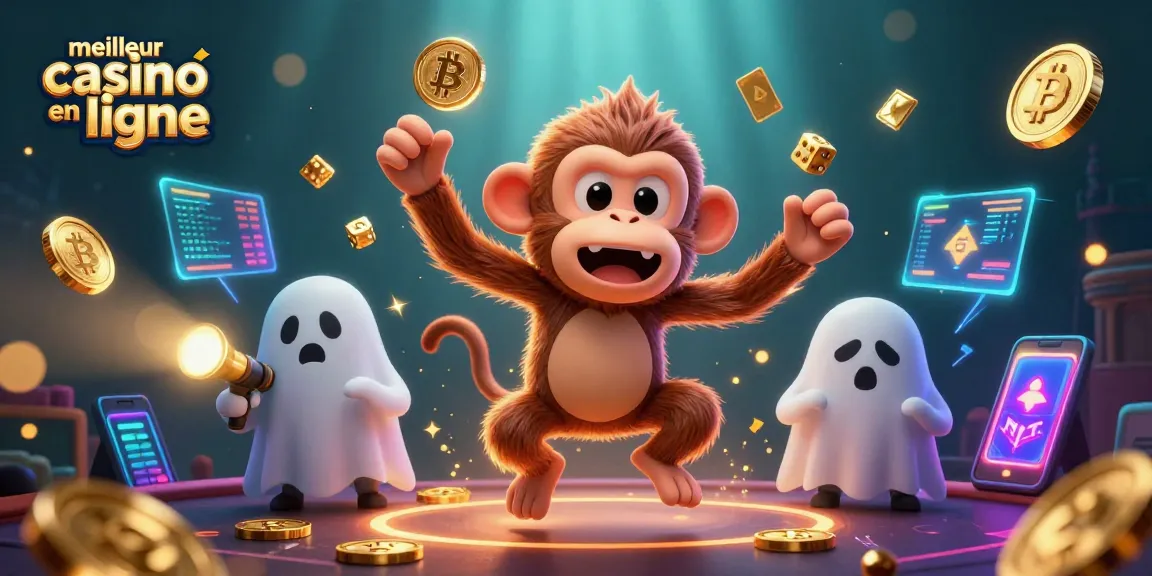 Illustration d'un meilleur casino en ligne avec un singe poltergeist et un chiot chasseur de fantômes, entouré d'objets d'or.