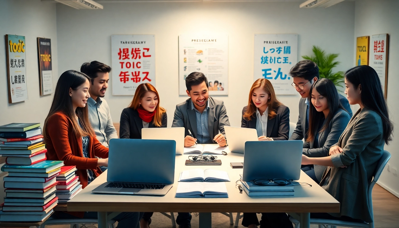 TOEIC test takers for hire collaborating in a modern space to enhance their preparation skills.