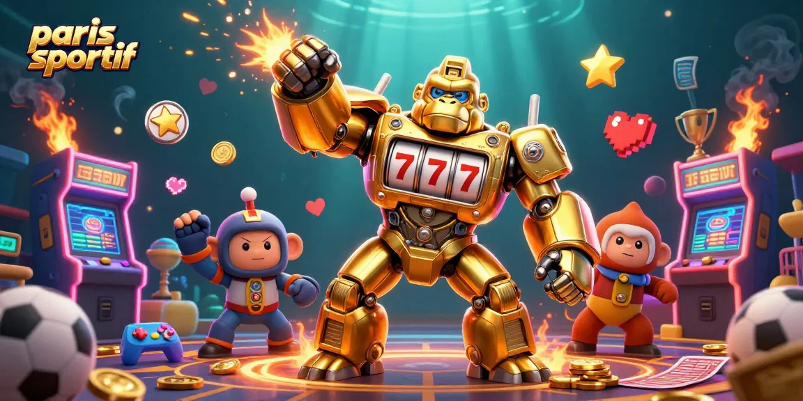 Paris sportif : mise à jour dynamique avec un gorille doré mech et des éléments de jeu colorés.