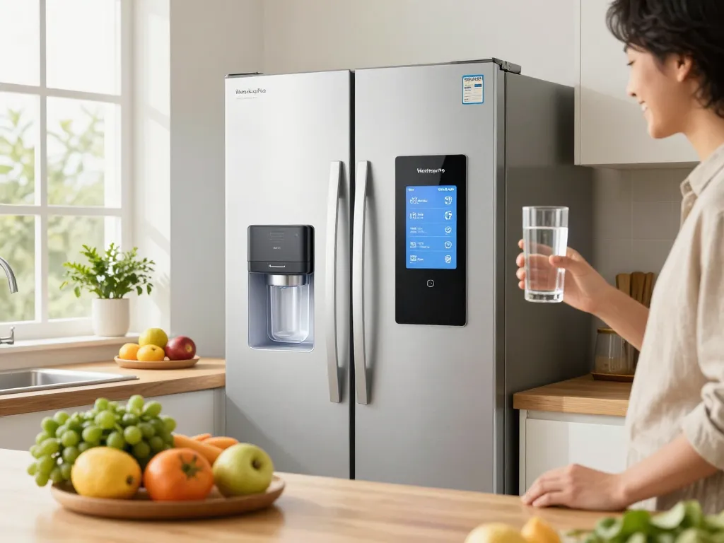 Waterdrop Plus 5231JA2002A NSF 401&53 Refrigerator Water Filter in a modern kitchen with fresh ingredients and a happy user.