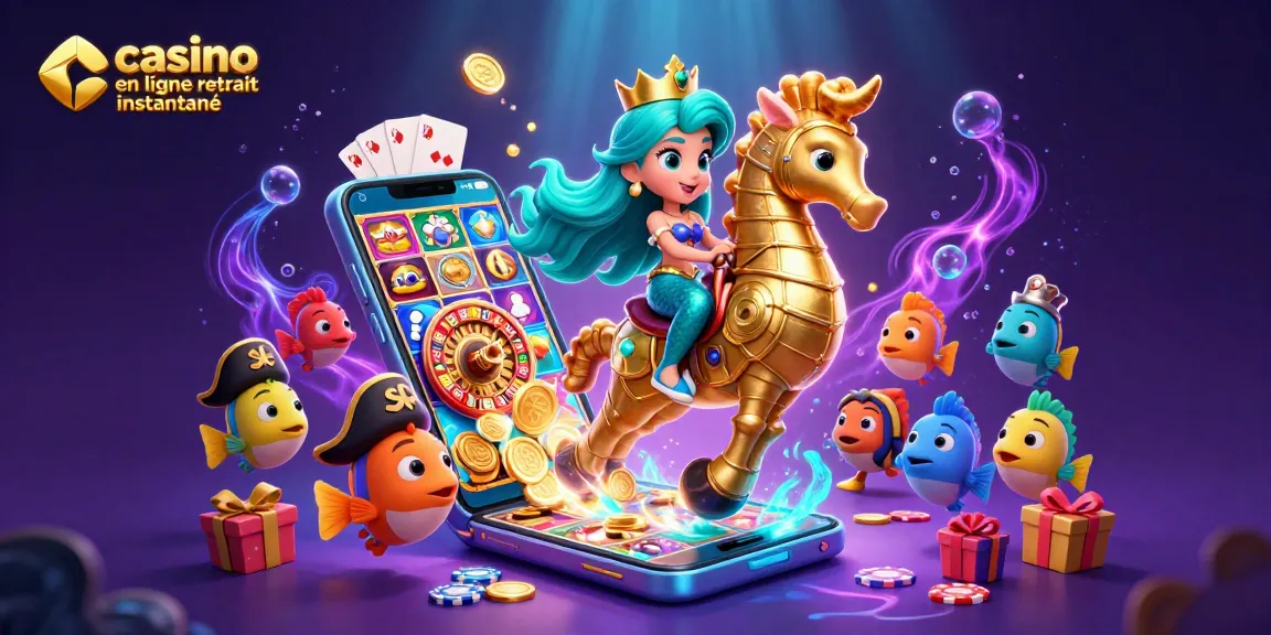 Plongez dans le monde du casino en ligne retrait instantané avec notre illustration captivante d'une princesse sirène et son hippocampe entouré de pièces d'or et de jeux.
