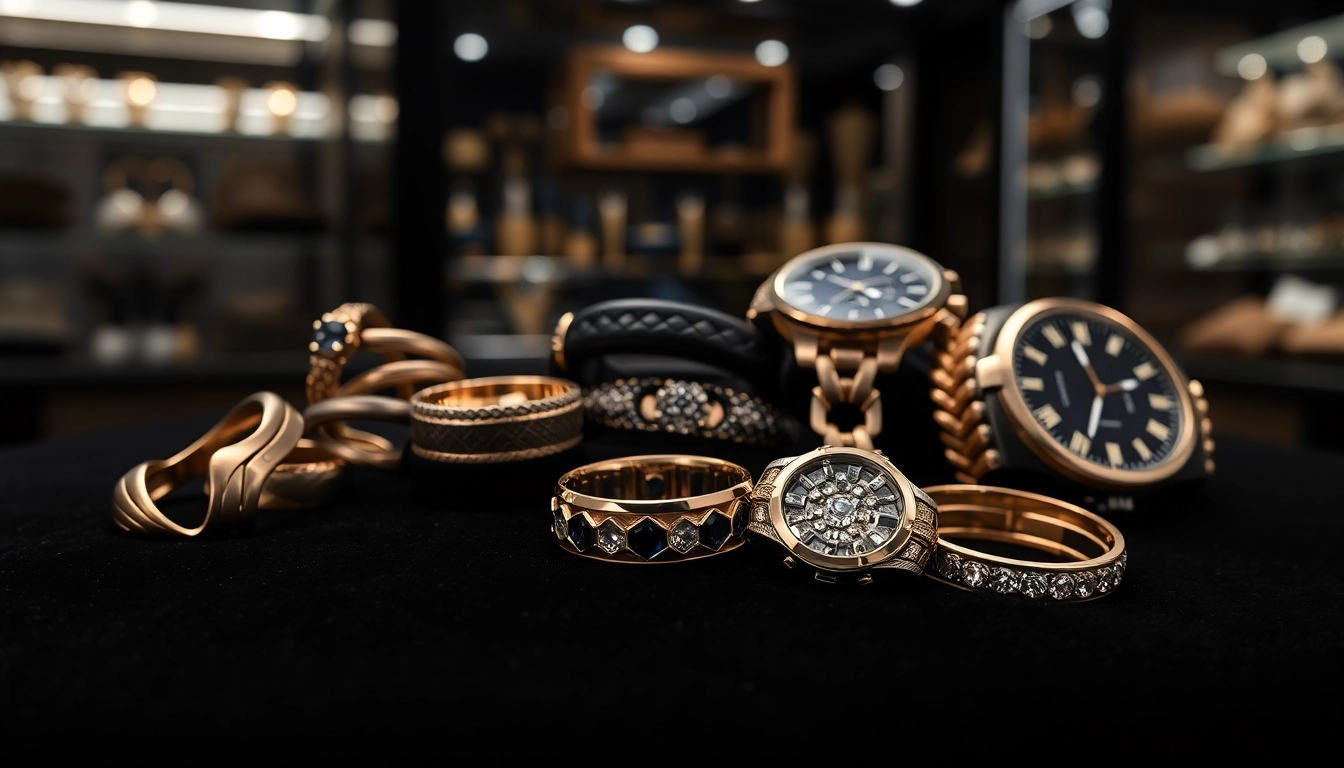 Showcase of men's jewelry featuring luxurious rings, bracelets, and watches on velvet.