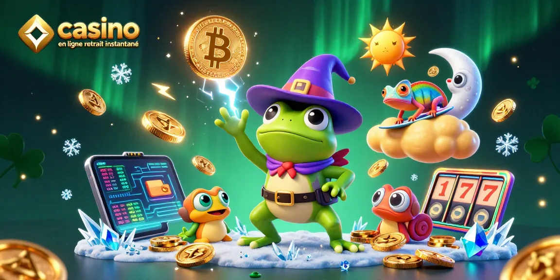 Jouez au casino en ligne avec retrait instantané, accompagné d'une illustration dynamique de personnages et éléments sur fond lumineux.