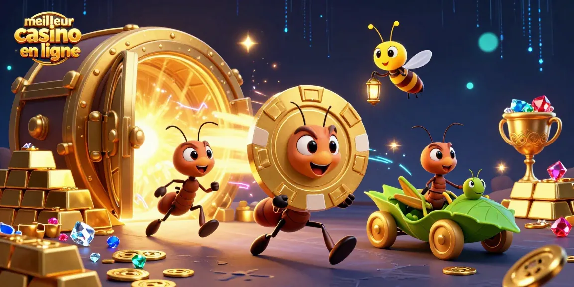 Découvrez le meilleur casino en ligne avec cette illustration de fourmis en mission, transportant un jeton de poker doré.