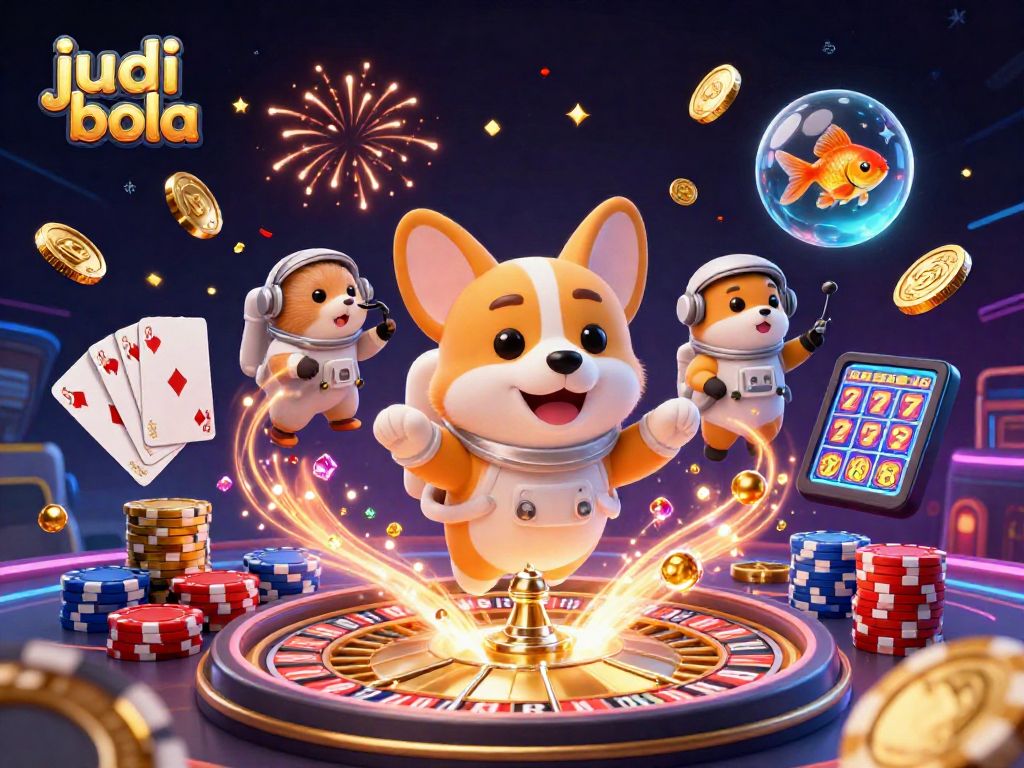 Experience judi bola excitement with a 3D astronaut corgi amid floating casino elements and vibrant colors.